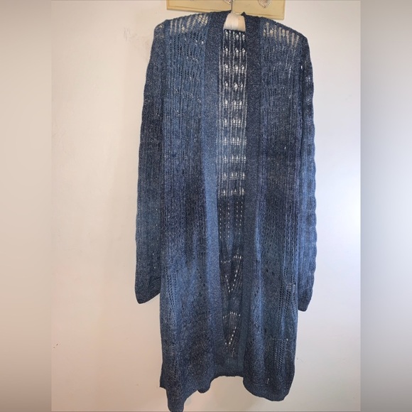 Womens Knit Cardigan Womens Blue Eyelet Long Sleeve Side Slit Sz Lg Fits XL-1X - Picture 3 of 12